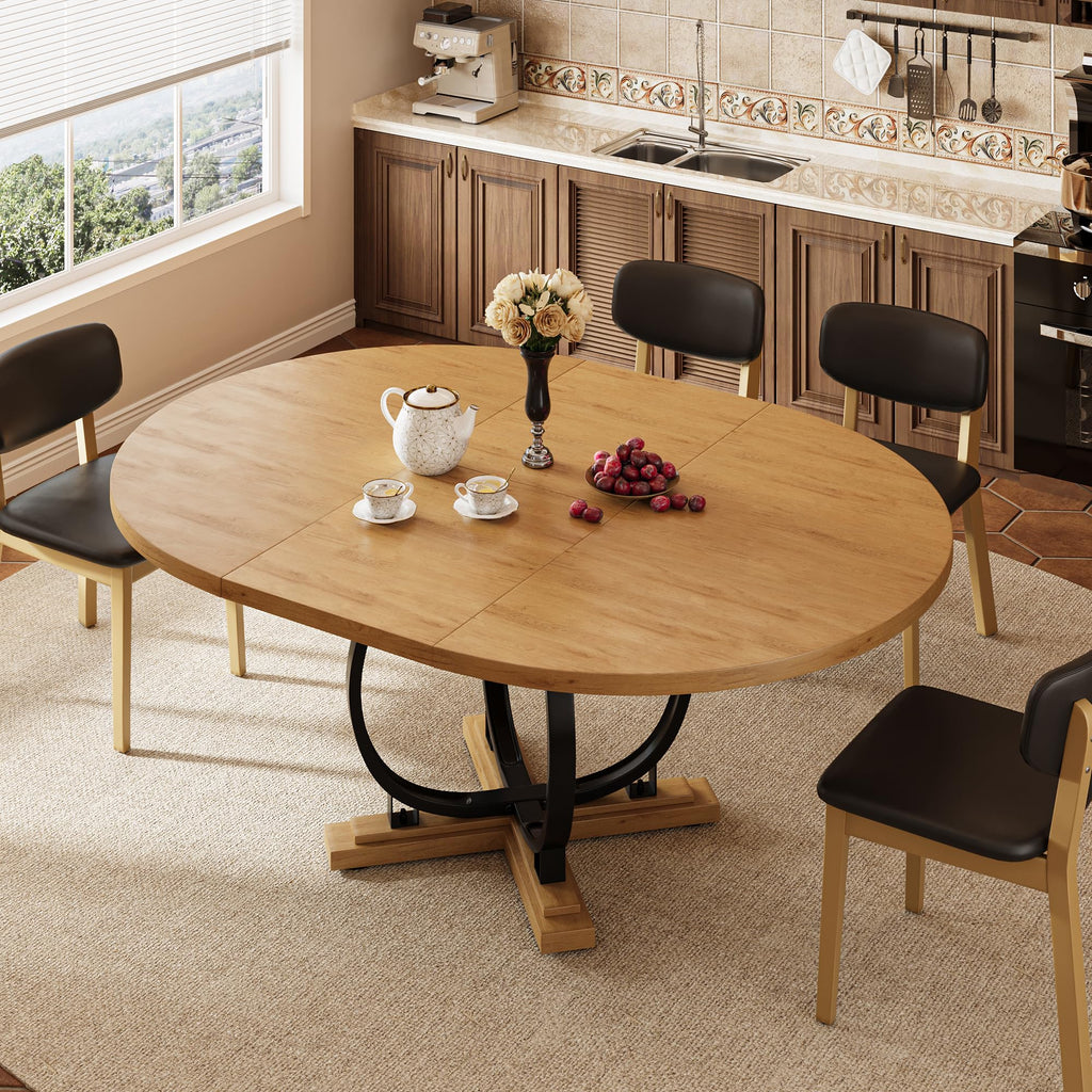59'' Extendable Round Dining Table for 4 to 6, Kitchen Table with Sturdy X-Base Metal Legs, MDF Board with Backboard