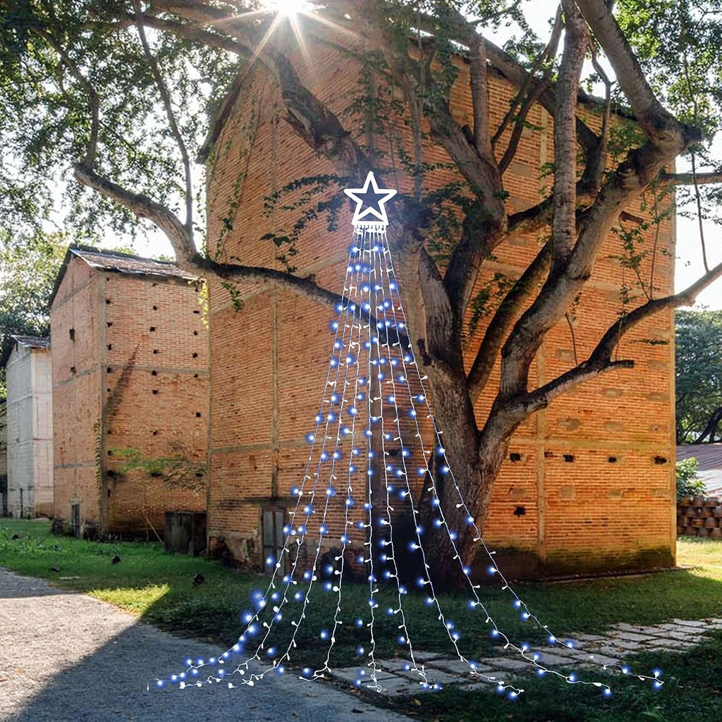 Christmas Decoration Lights, Outdoor Christmas String Lights 320 LED 11.5Ft Waterfall Tree Light with Big Star Topper
