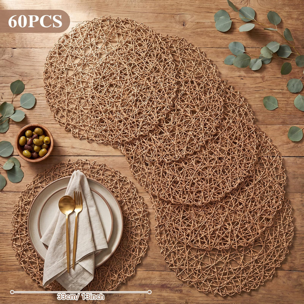 Paper Braided Round Placemats, 60 Sets, Brown, 13 in