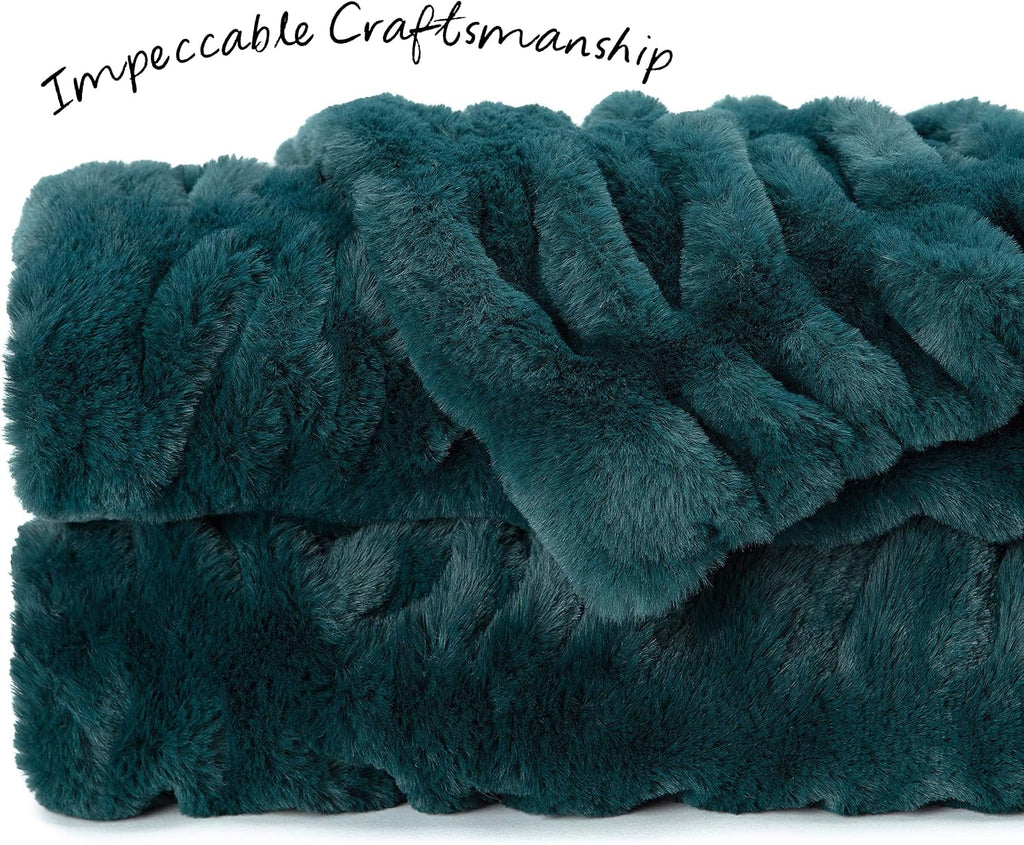 Premium Ruched Faux Fur Throw Blanket - Luxurious, Soft Reversible Mink Blanket - 50" x 65" - Teal