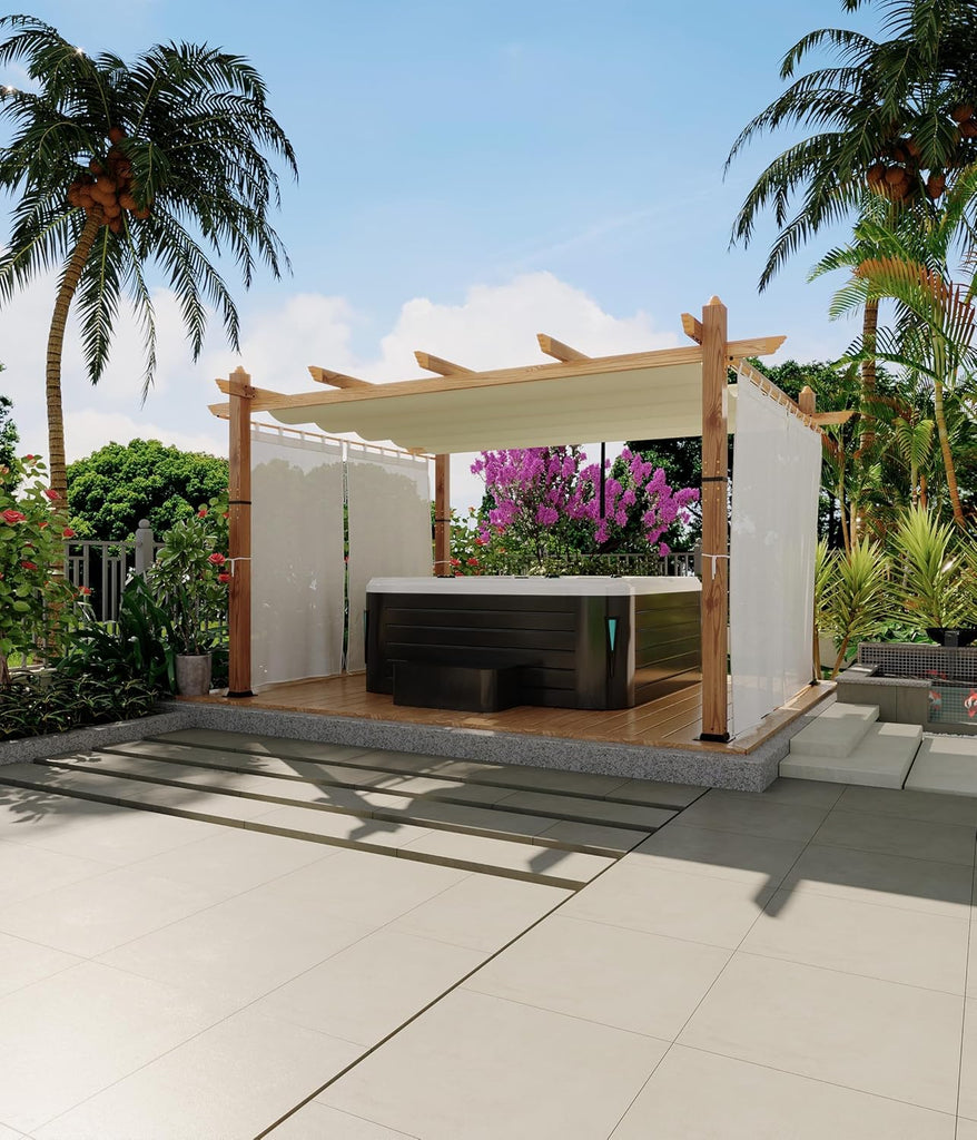 Modern Aluminum Outdoor Pergola with Retractable Canopy and Mesh Sides, Faux Wood Grain, Waterproof Gazebo for Patio