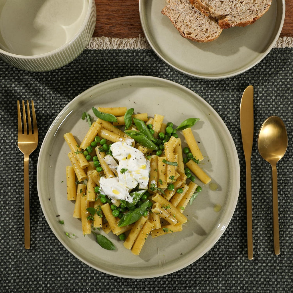 Solana Coast 12 Piece Stoneware Reactive Glaze (Service for 4) Ceramic Plates and Bowls Modern Shape Embossed