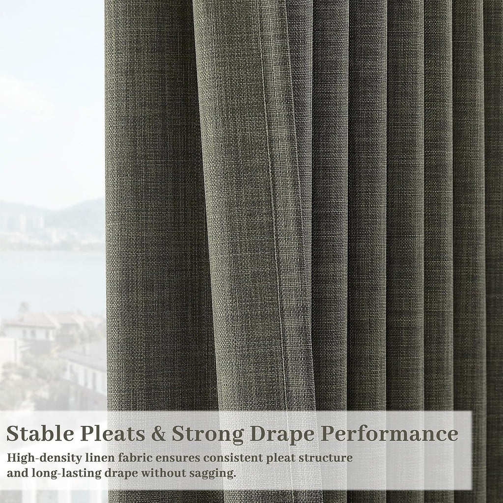 Pinch Pleated Linen Curtains 96 Inches Extra Long Olive Green Drapes, Thick Linen Light Filtering Memory Trained
