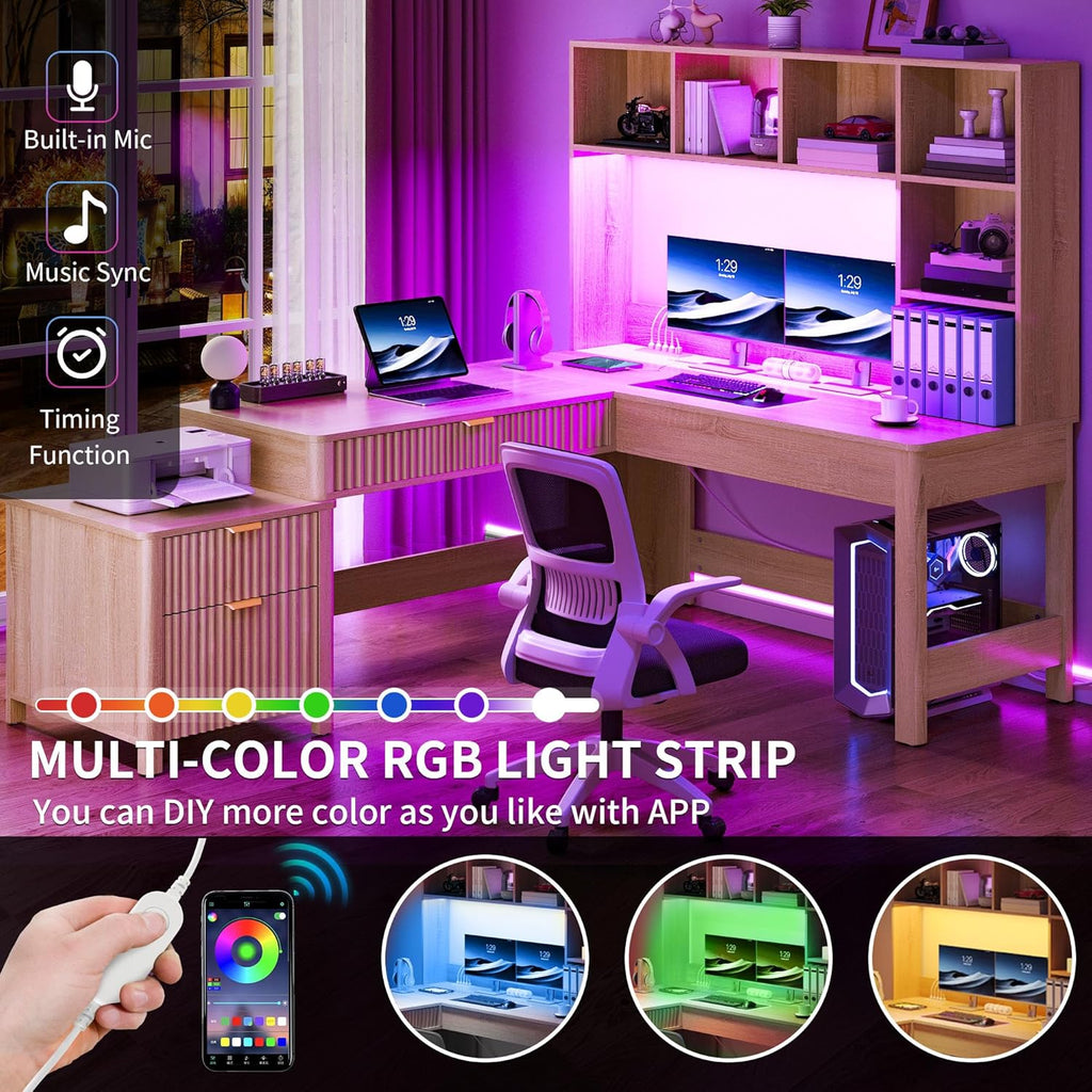 L Shaped Desk with Hutch and Drawers, 67" Computer Desk Gaming Desk with Power Outlets & LED Lights