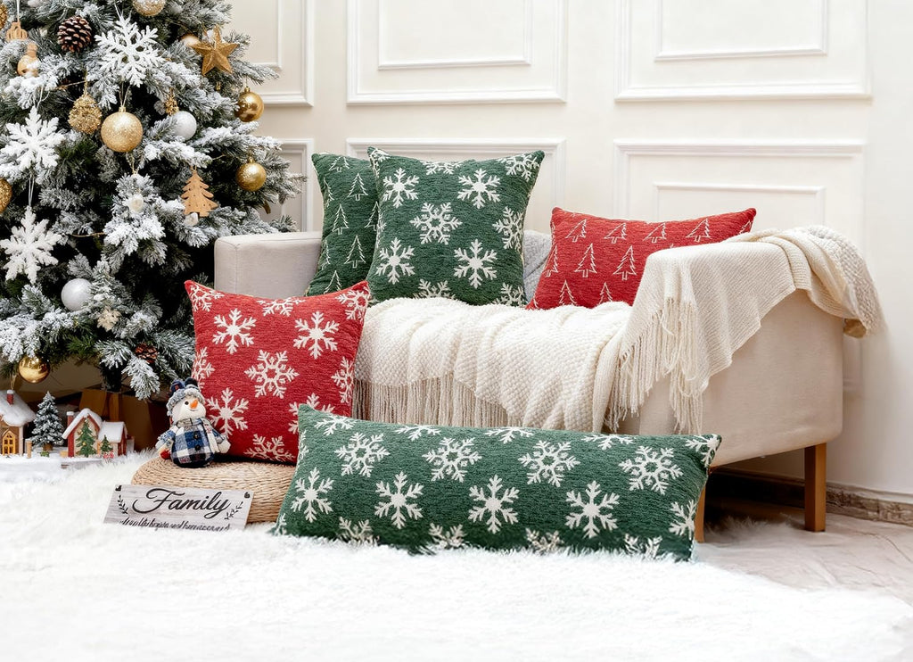 Soft Chenille Christmas Pillow Covers 18x18, Reversible Snowflake & Tree Pattern, Thick & Cozy Farmhouse - Set of 2