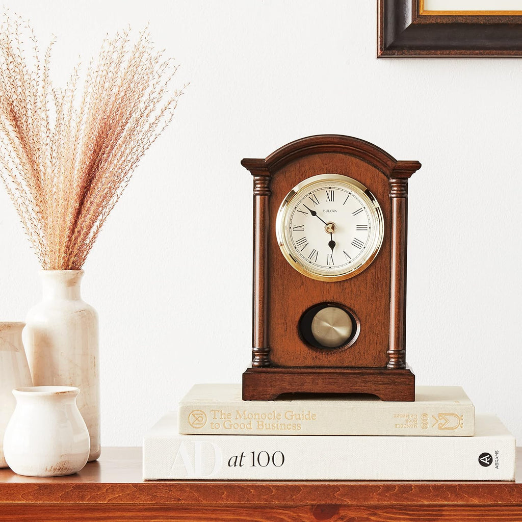 Bulova Dalton Chiming Pendulum Table Clock - Walnut Finish - Gold-Tone Accents
