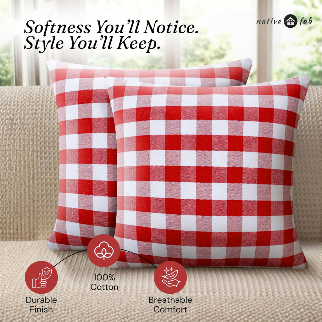 Throw Pillow Covers 2 Pack, 18x18 Inches, 100% Cotton, Classic Gingham Check Design, Decorative Cushion Cases, Rustic