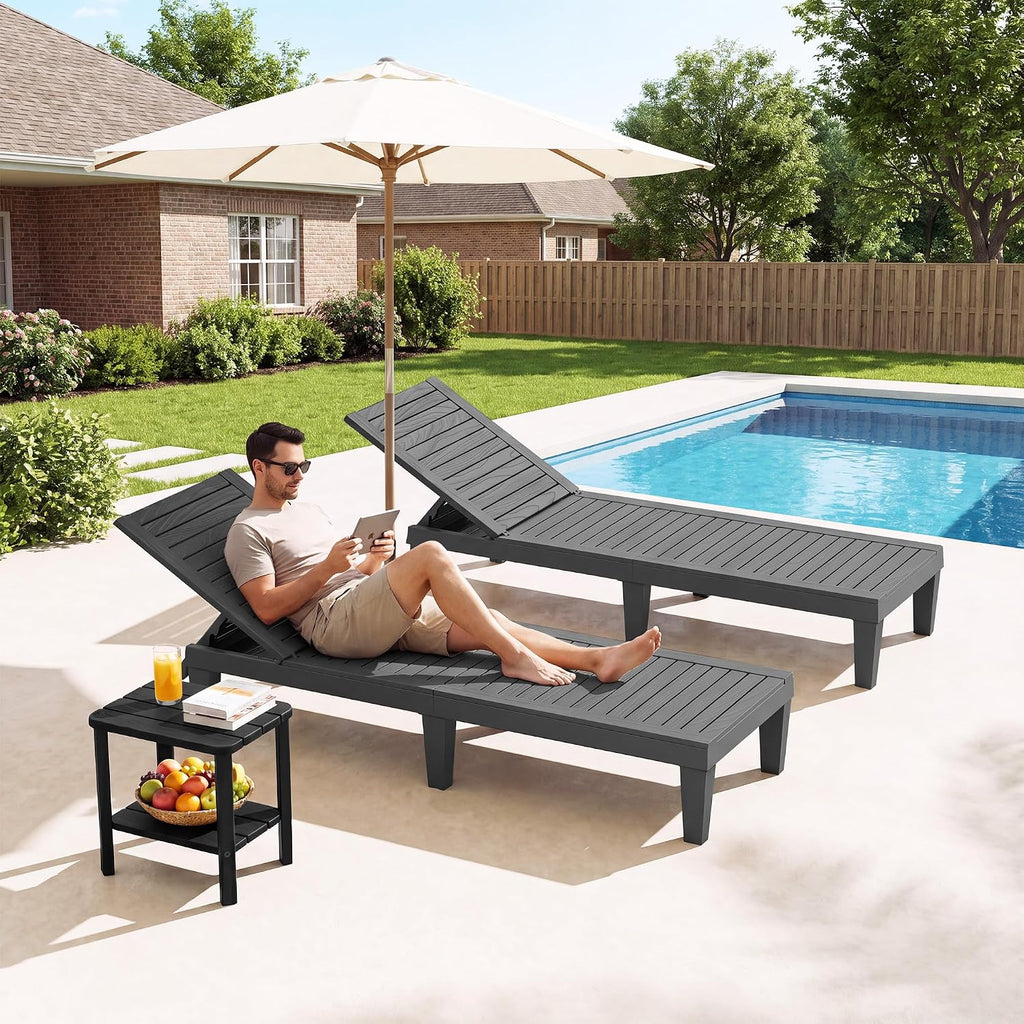 Outdoor Chaise Lounge Chair Set, Patio Chairs(Black Striped, Set of 2) | Wood-Grain HDPE, 5-Position Recline, Patio