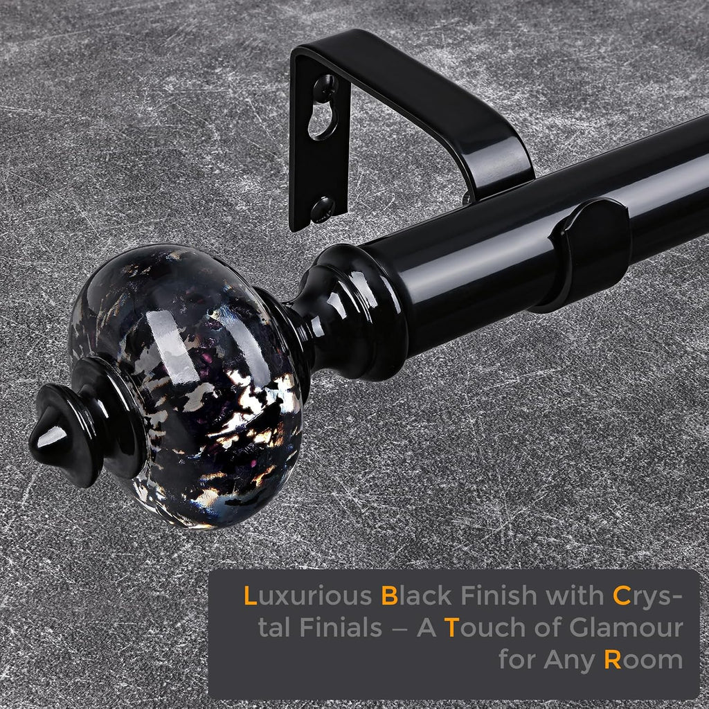 Black Curtain Rod for Windows, 1'' Heavy Duty Adjustable Modern Drapery Rods with Unique Crystal