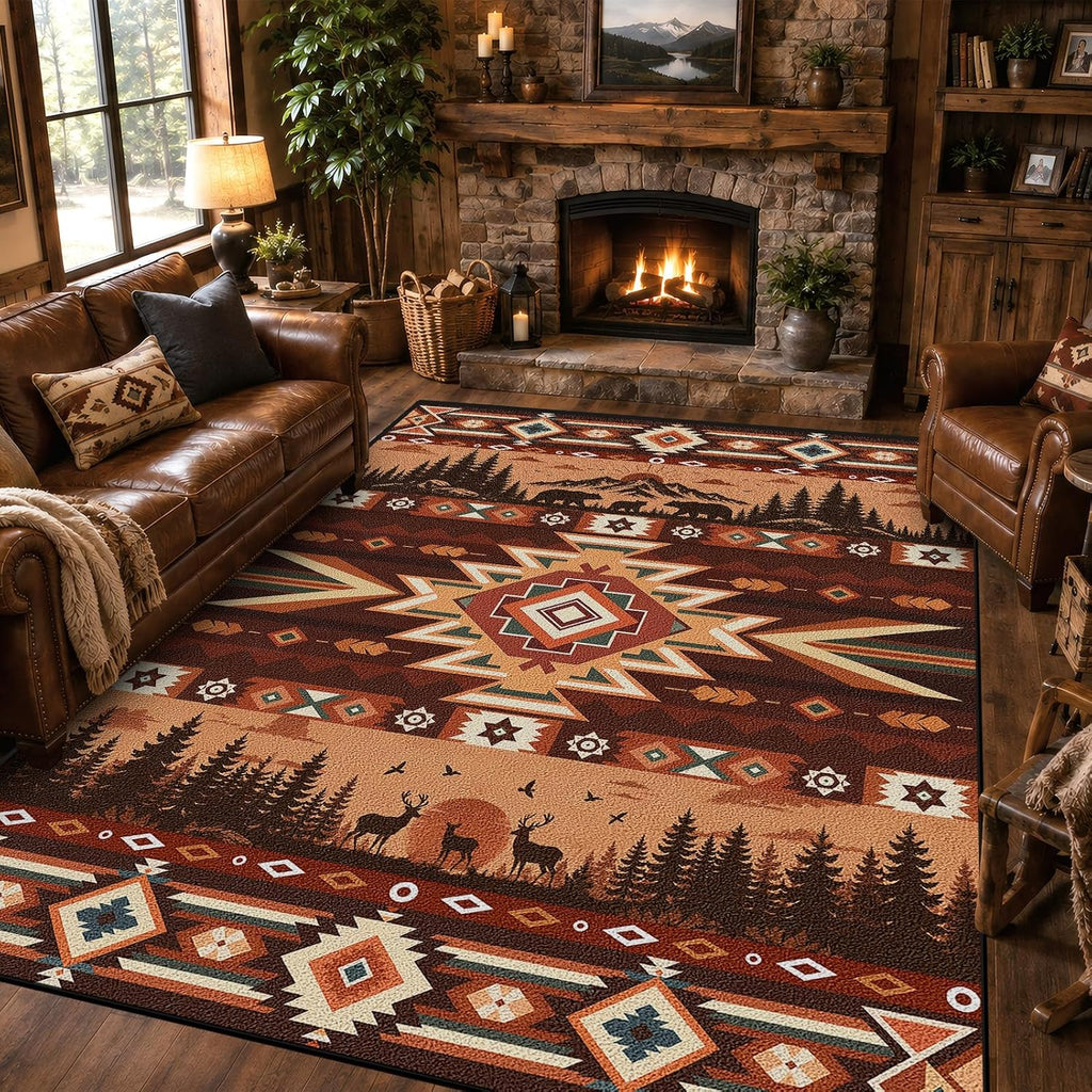 Western Aztec Area Rug, 5x7 Vintage Rustic Cabin Bear Deer Southwest Tribal Rugs, Machine Washable Non‐Slip Stain