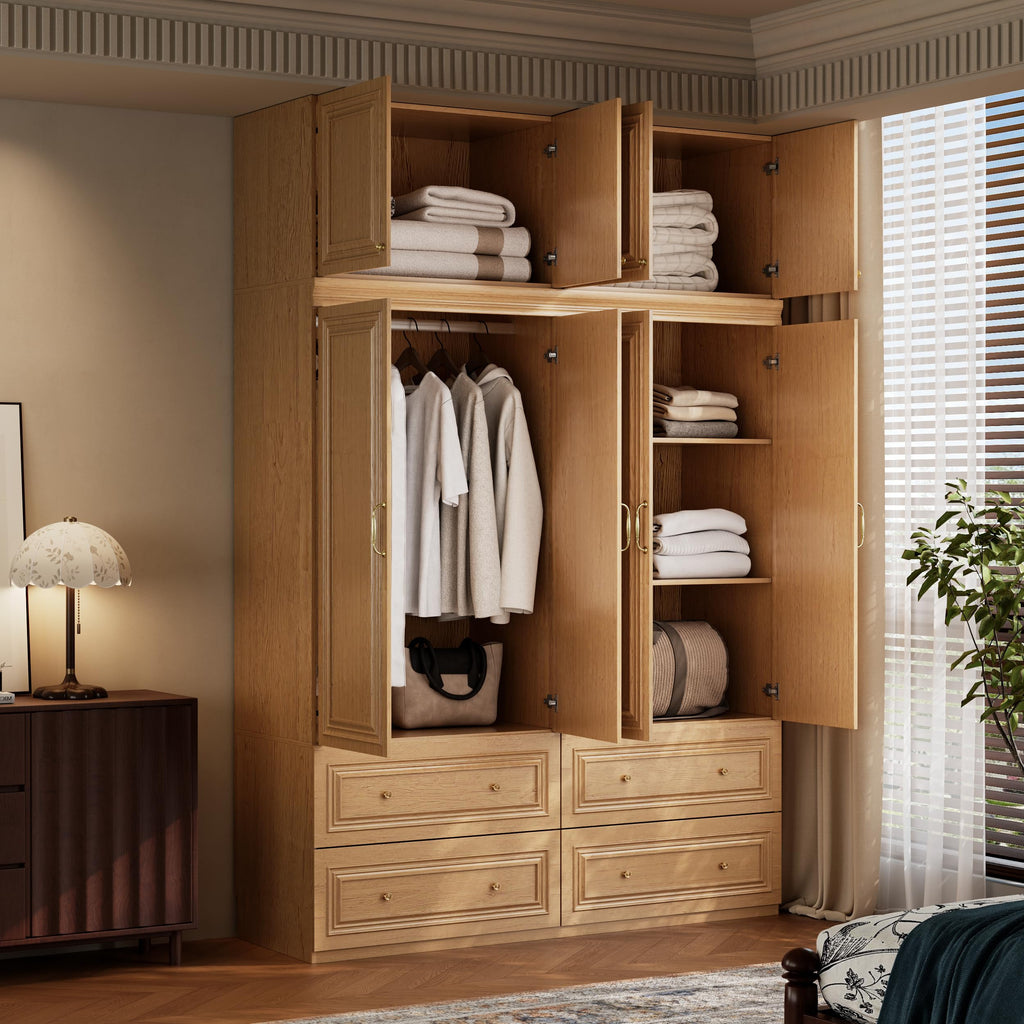 Rustic Wardrobe Closet with 4 Door, Big Armoire Wardrobe Closet with Hanging Rod/4 Drawer, Tall/Heavy Closet