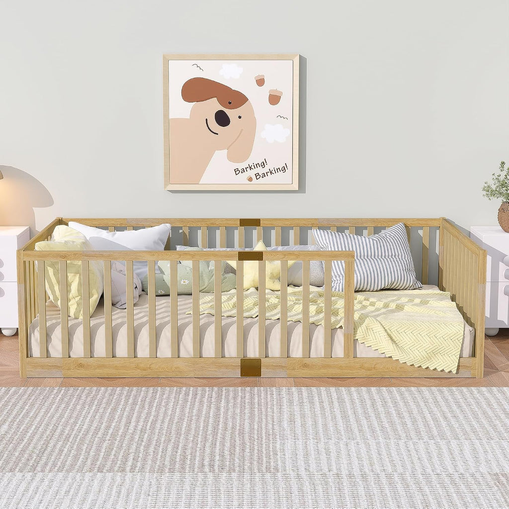 Montessori Floor Bed with High Rails and Slats, Solid Wood Floor Bed Frame with Fence, Low Wooden Kids Beds
