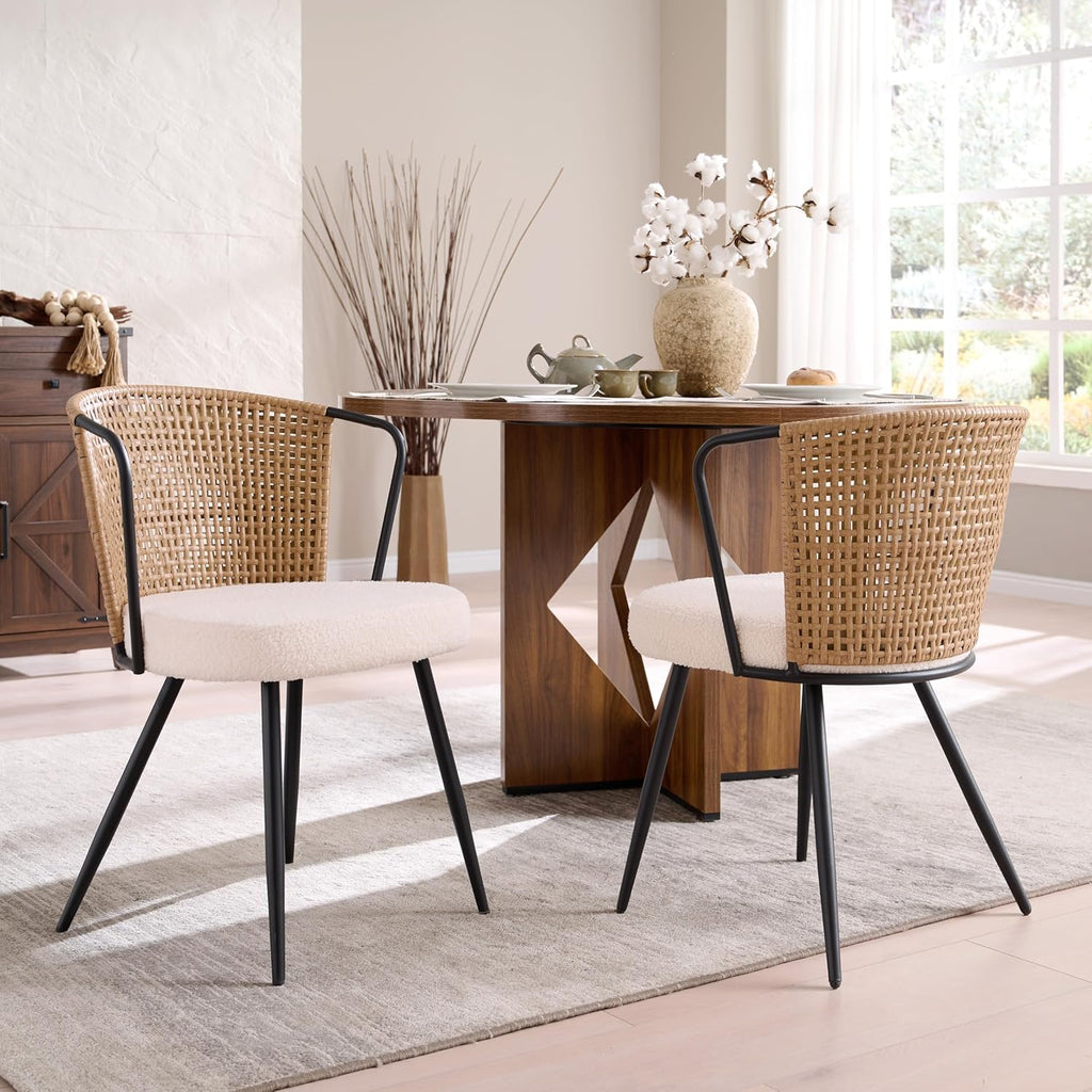BedsPick Rattan Dining Chairs Set of 2 - Farmhouse Upholstered Cane Back Kitchen Chair with Boucle Cushion