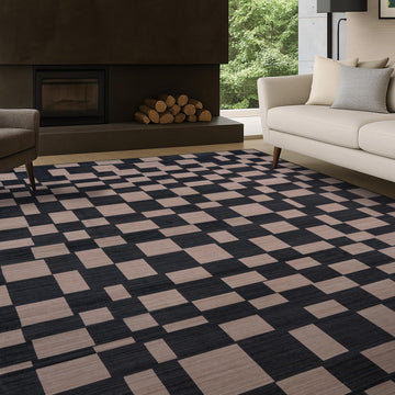 Checkered Machine Washable Non-Slip Area Rug, Dark Gray/Taupe