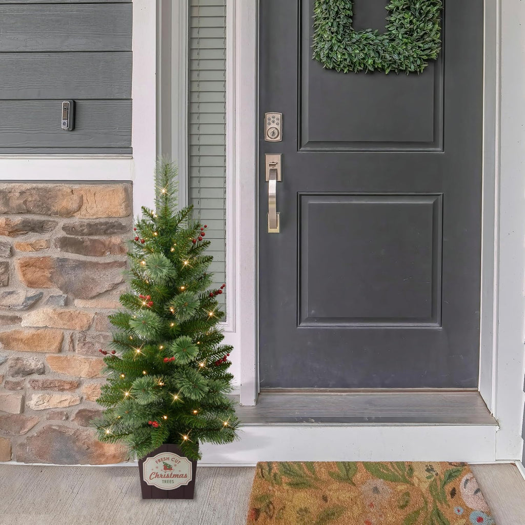 International Set of 2 Artificial Cashmere Pre-Lit Battery-Operated Potted Christmas Trees with Berries