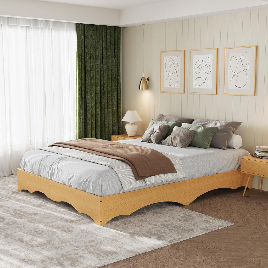 Japanese-Style Low-Profile Wood Platform Floor Bed Frame with Wave Edge, No Headboard, Solid Slat Support
