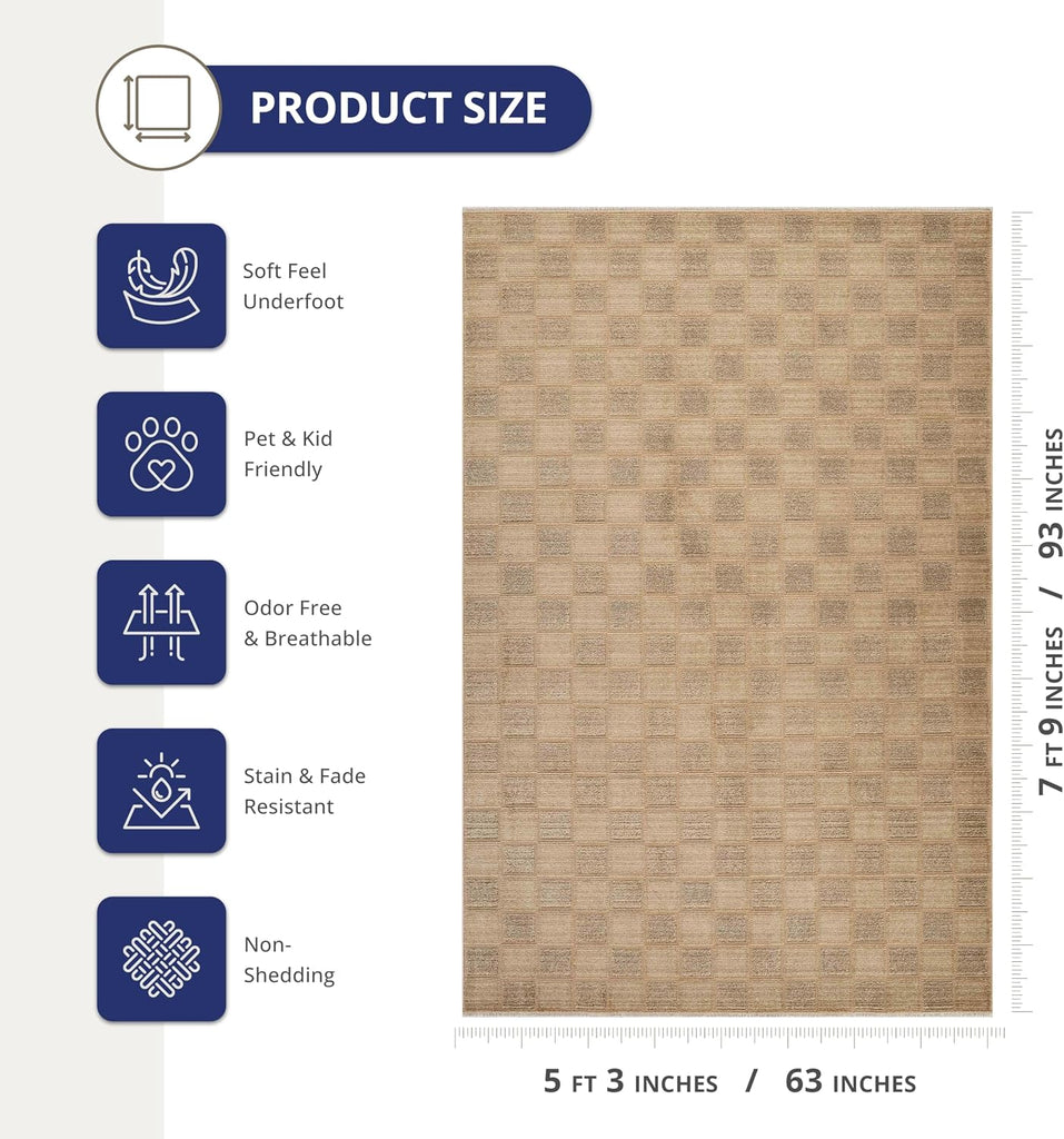 Evelyn Collection Brown Area Rug - - Modern Checkered Pattern, Non-Shedding - Easy to Clean, Durable s