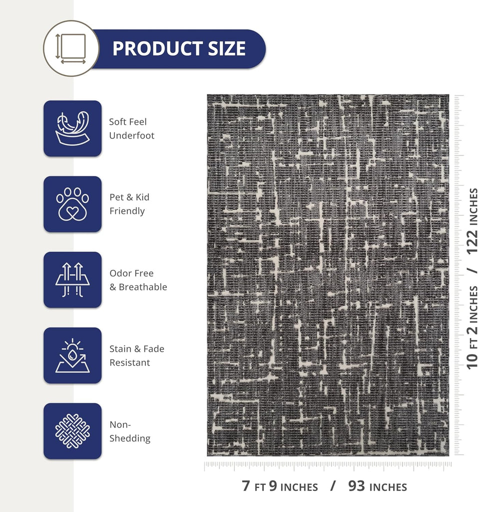 Black Area Rug - - Burke Collection - Abstract Striped Pattern - Easy to Clean - Durable, or Office, Pet &