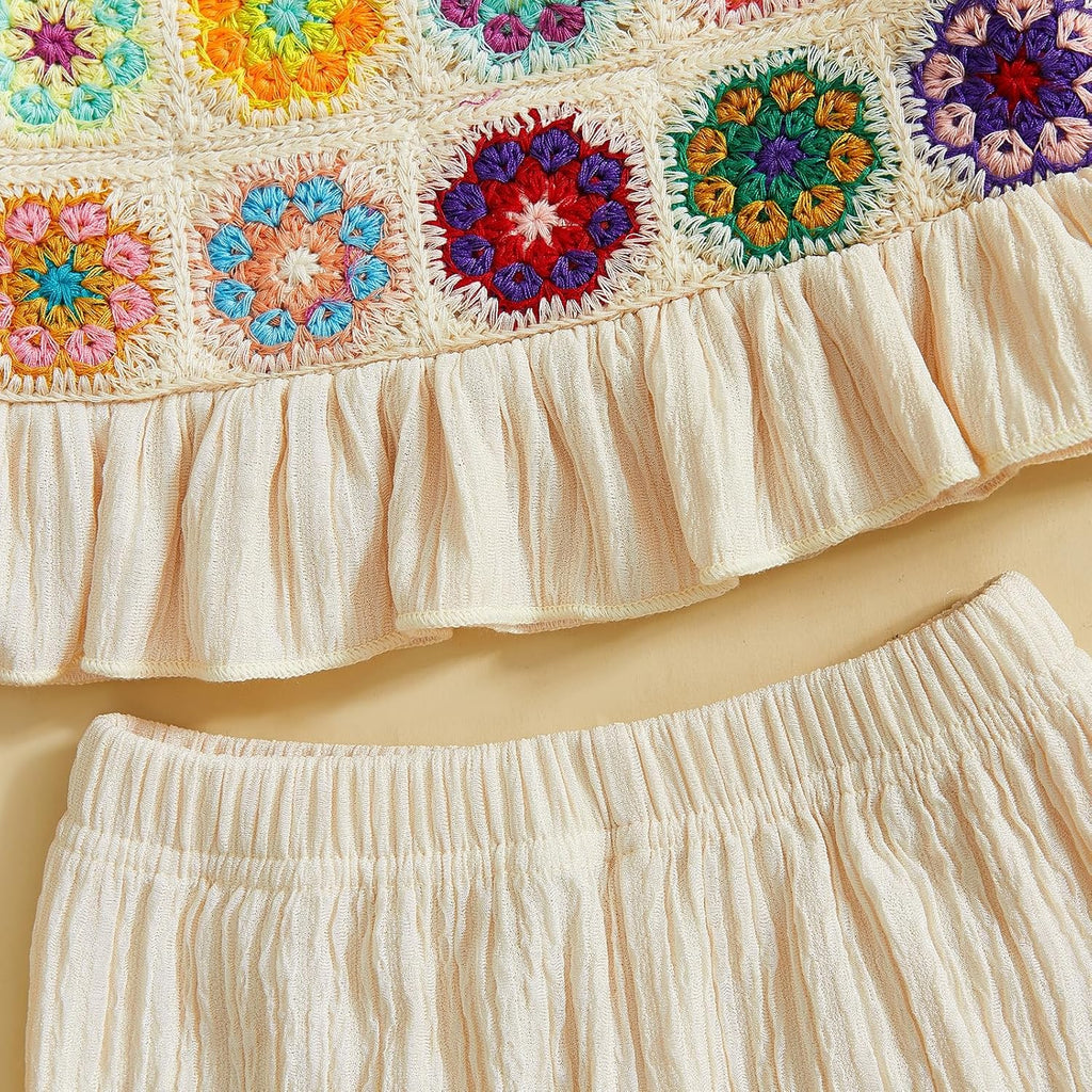 Toddler Baby Girl Summer Outfits Crochet Camisole Top and Linen Pants 2PC Kids Bohemian Beach Clothes for Girls