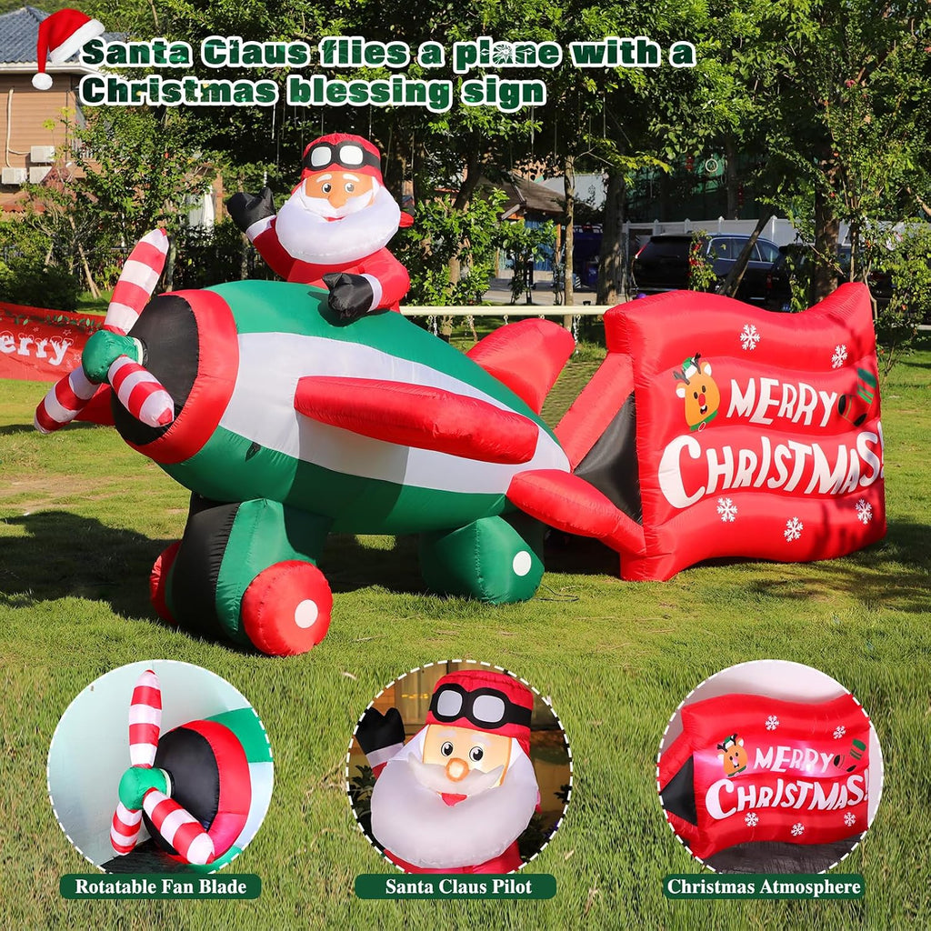 10.5 FT Animated Christmas Inflatables Santa Claus on Airplane, Santa Claus on Helicopter with Merry Christmas
