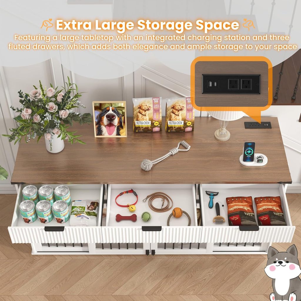 71'' Double Dog Crate Furniture with Type-C Power Station & 3 Drawers, Large Dog Kennel with Removable Divider &