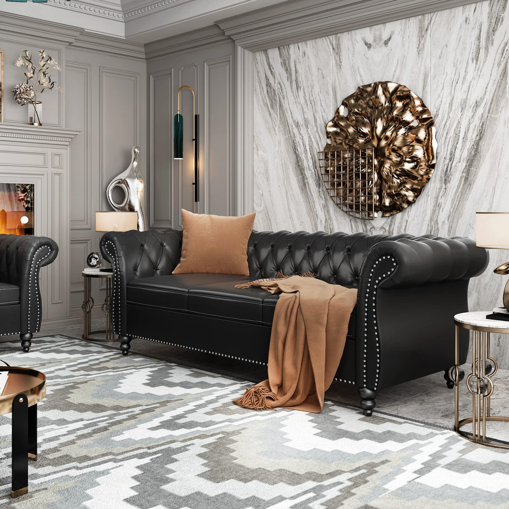 Modern 3 Seater PU Chesterfield Sofa, Upholstered Tufted Button Leather Chesterfield Couch, Classic Faux Leather