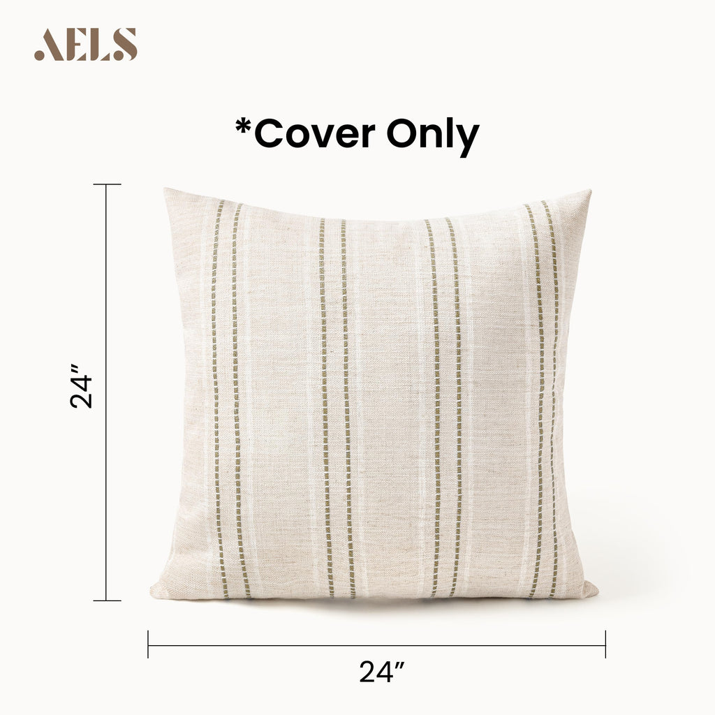 24x24 Decorative Farmhouse Linen Throw Pillow Covers, Boho Textured Pillow Case, Set of 2, Beige with White & Navy