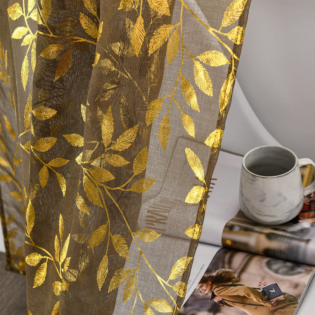 Sheer Curtains 84 Inch Length 2 Panels Set, Luxury Gold Foil Printed Metallic Bronzing Leaves, Privacy Window
