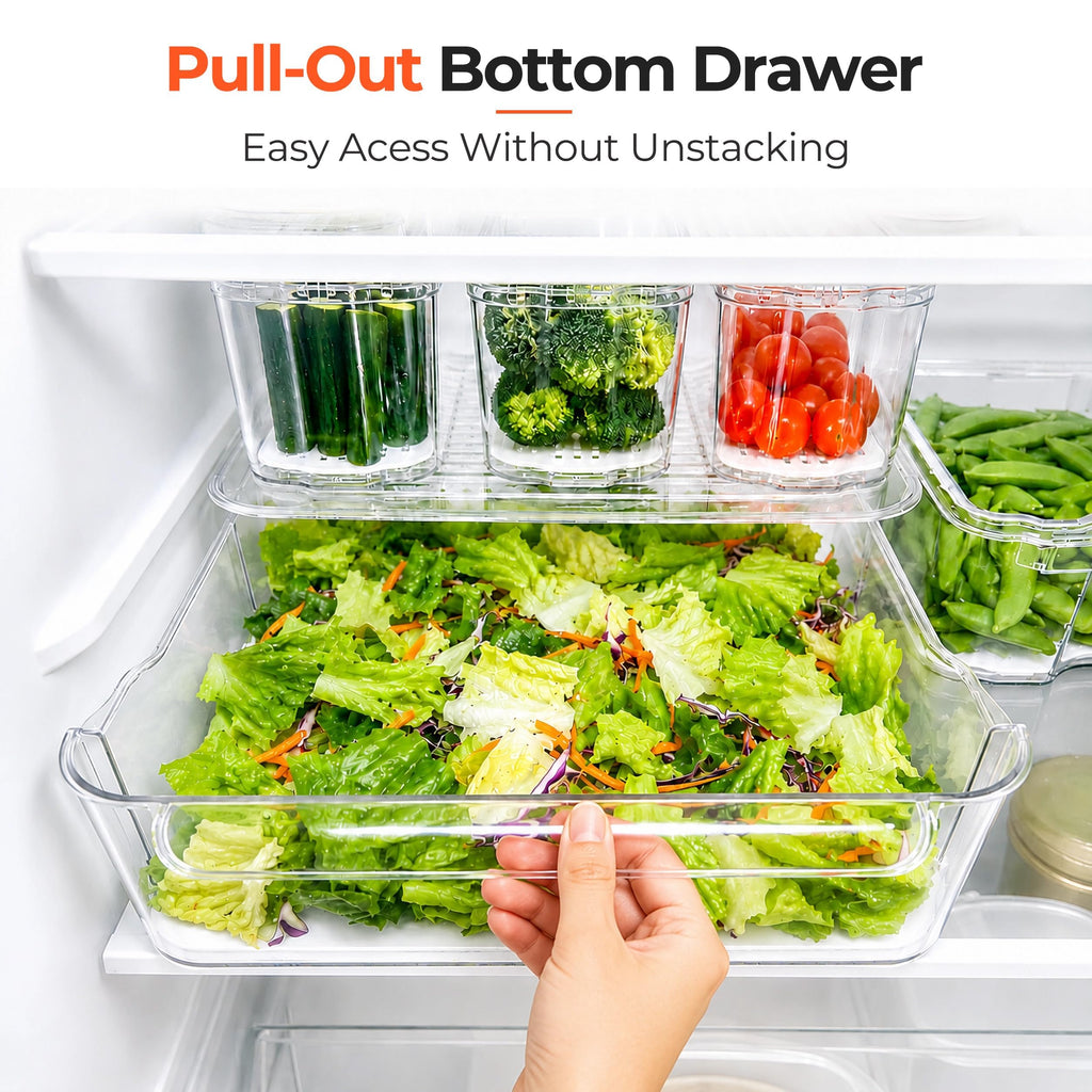 8 Pack Clear Fridge Organizer Bins with Drain Trays - Stackable
