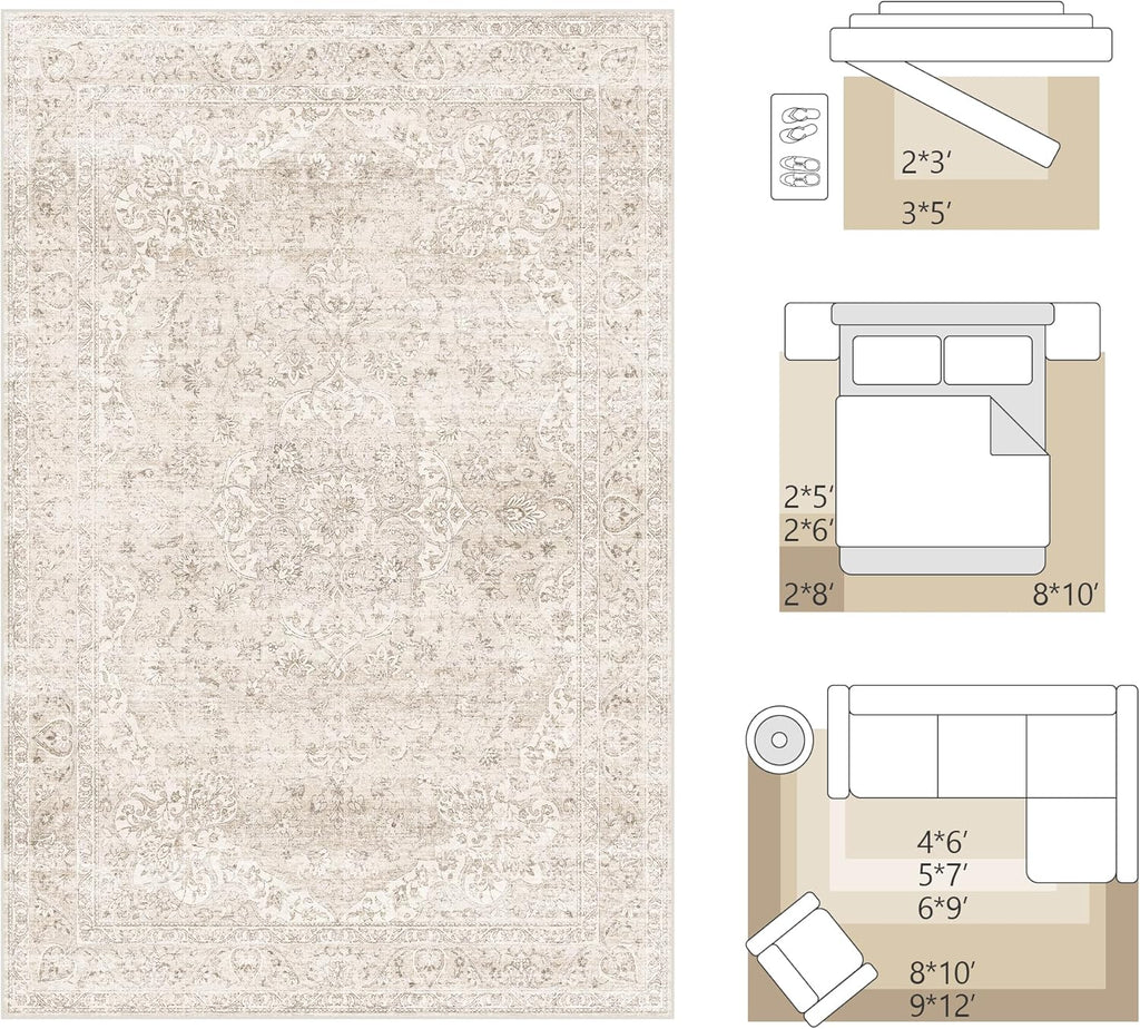 3x5 Washable Area Rug Beige Vintage Neutral Distressed Non Slip Low Pile Floral Retro Indoor Carpet 