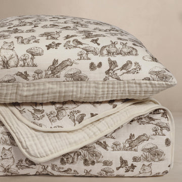 Woodland Crib Bedding Set, 5-Layer Organic Cotton Muslin Crib Quilt & Sham, Forest Animal Nursery, Rabbit Fox Bird