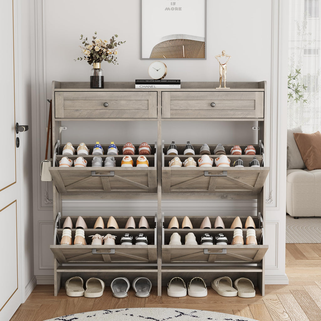 Shoe Cabinet with 4 Flip Drawers & 2 Top Drawers, 43" Tall Freestanding Narrow Wooden Shoe Storage Organizer, Hidden
