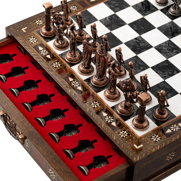 15-Inch Handmade Wooden Chess Set, Metal Pieces & Storage, Black