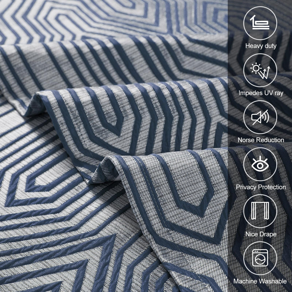 Indigo Blue and Silvery 100% Blackout Jacquard Geometric Pattern Curtains, 52 Inch Wide 120 Inch Length 2 Panels