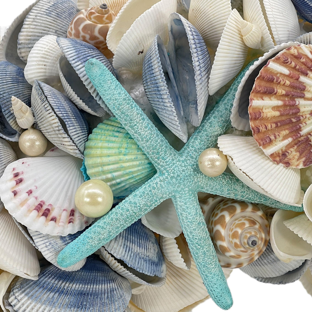 18" Nautical Seashell Wreath, Blue | Coastal Beach Floral Home Decor Indoor Outdoor Real Starfish Pearl Seashells