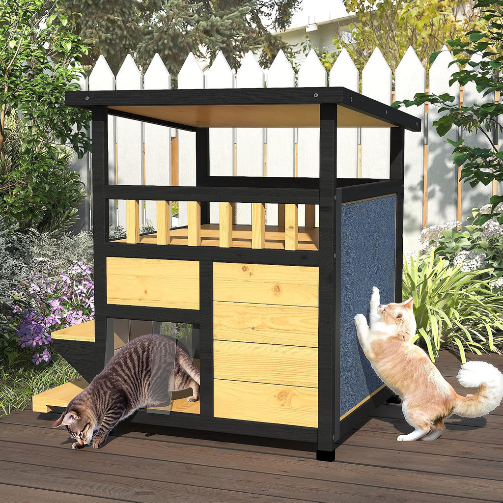 Outdoor Cat House Weatherproof, Outside Two Story Feral Cat Shelter with Escape Door, Scratching Mat, Pull-Out