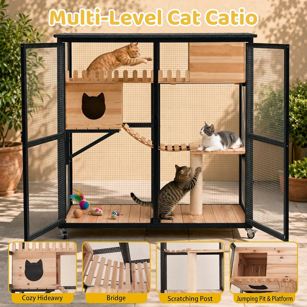 Cat Catio Outdoor Cat Enclosure, Multi-Level Wooden Cat House with Wheels