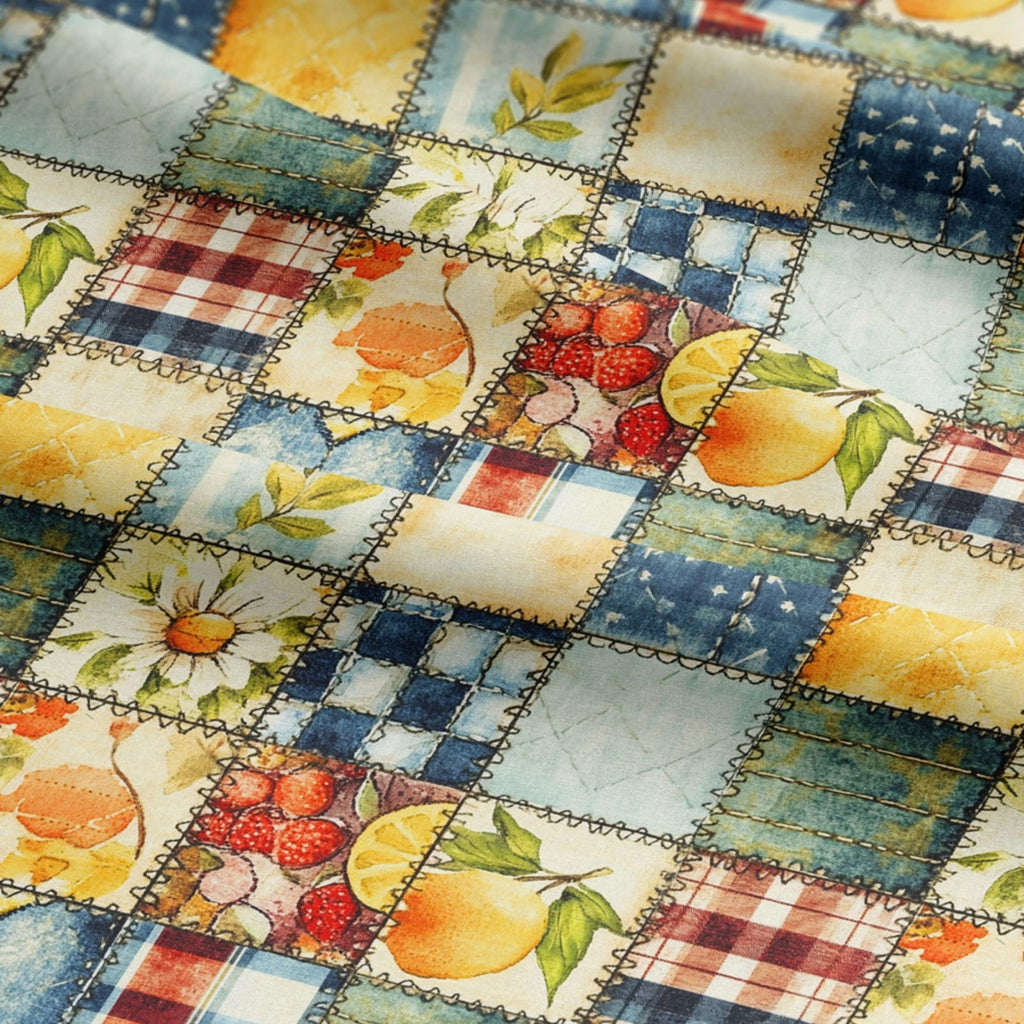 Patchwork Cotton Fabric Panel 61 x 36.6 Inches, Lemon Fruit Quilt Style Pattern, Rustic Blue Yellow Design, 100%