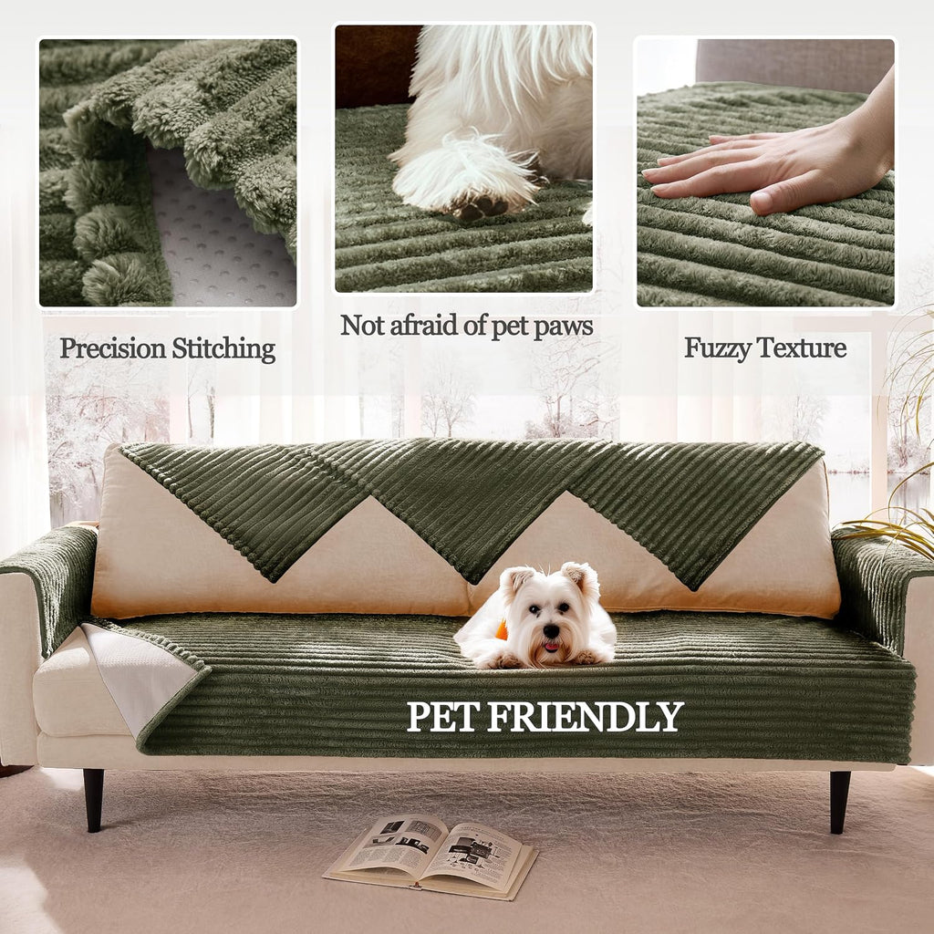 Dual Non-Slip Couch Cover for Dogs Waterproof, Fuzzy Soft Pet Couch Covers for Sofa 3 Cushion, Pet Friendly Soft Dog