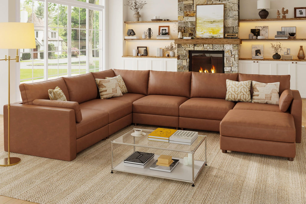 Faux Leather Modular Sectional Sofa Wide V Shaped Couches Brown