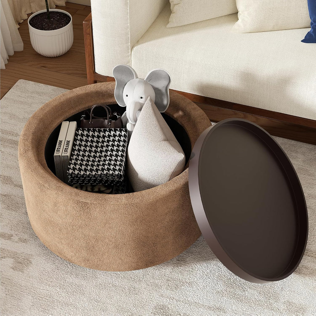 30" Round Ottoman with Storage Circular Coffee Table with Removable Wood Top and Solid Wood Legs Modern Upholstered