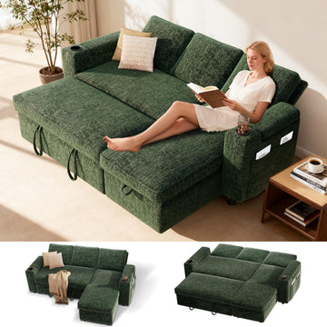 82" L-Shaped Sleeper Sofa with Pull Out Bed, Sectional Couch with Reclining Backrest, Reversible Storage Chaise