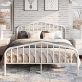 Queen Metal Platform Bed Frame with Victorian Style Wrought Iron-Art Headboard/Footboard, No Box Spring Required, White