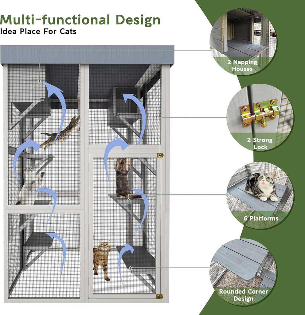 70.5 Inch Wooden Catio, Indoor Outdoor Cat Enclosure with 6 Platforms