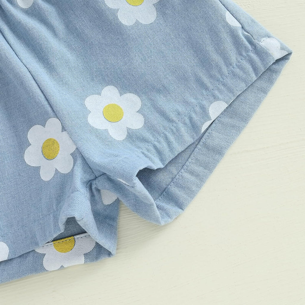 Toddler Baby Girl 2Pcs Knit Ribbed Ruffle Short Sleeve Floral Print Tops + Shorts Set Outfits
