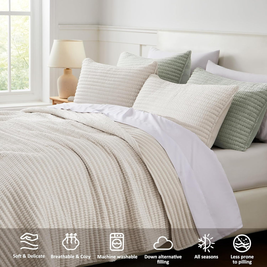 Beige Pick Stitch Oversized King Quilt Set, California King Striped Lightweight Soft Summer Spring Bedspread, Bamboo