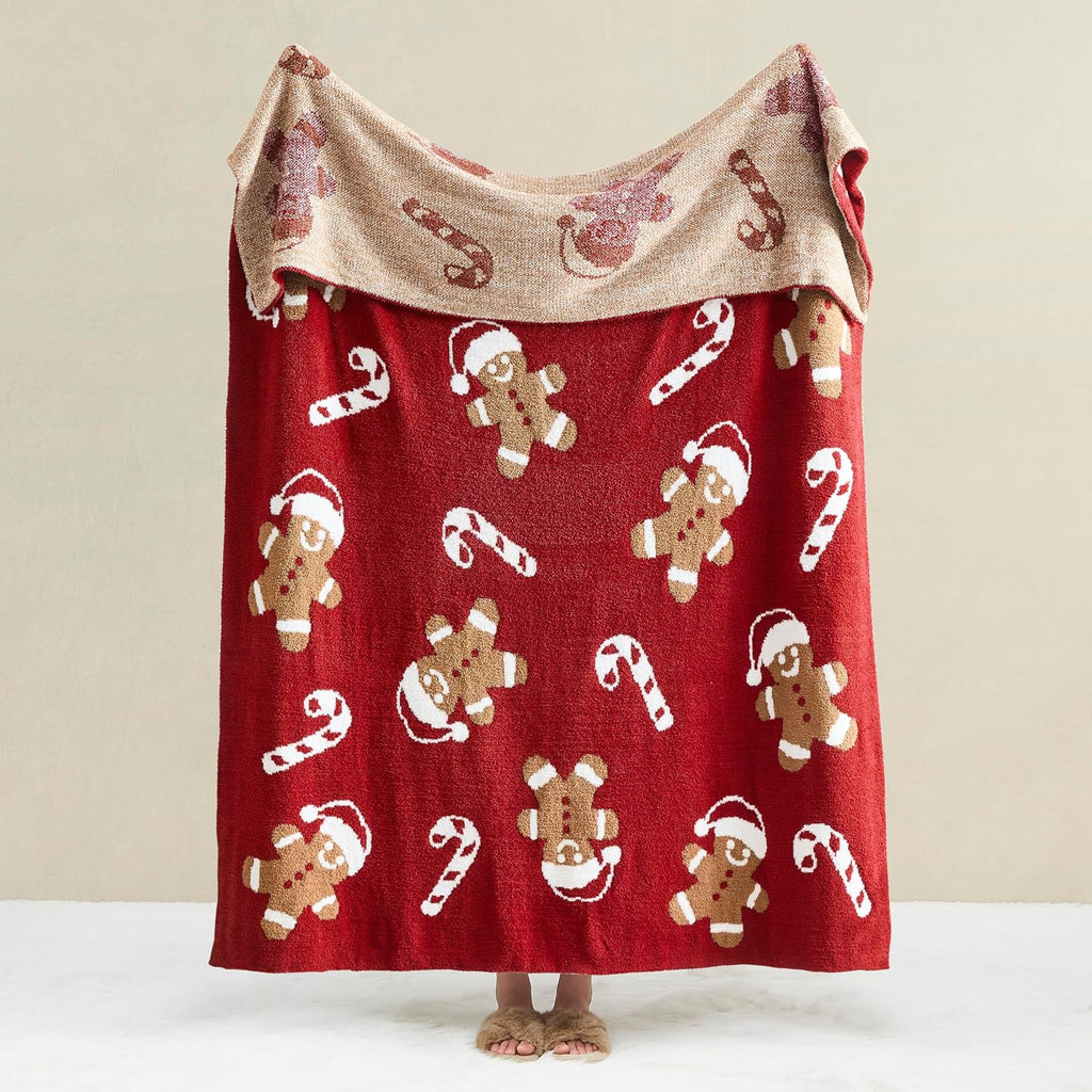 Christmas Throw Blanket Gingerbread Man Reversible Super Soft Knitted Blankets Couch Bed Sofa Microfiber Warm Cozy