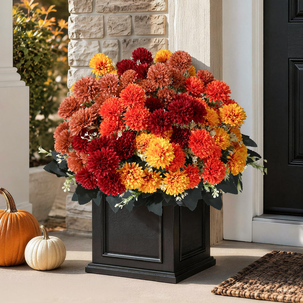 Fake Mums Artificial Fall Flowers for Outdoors Outside Decorations, 12 Bundles Silk Chrysanthemums Fall Flowers Faux
