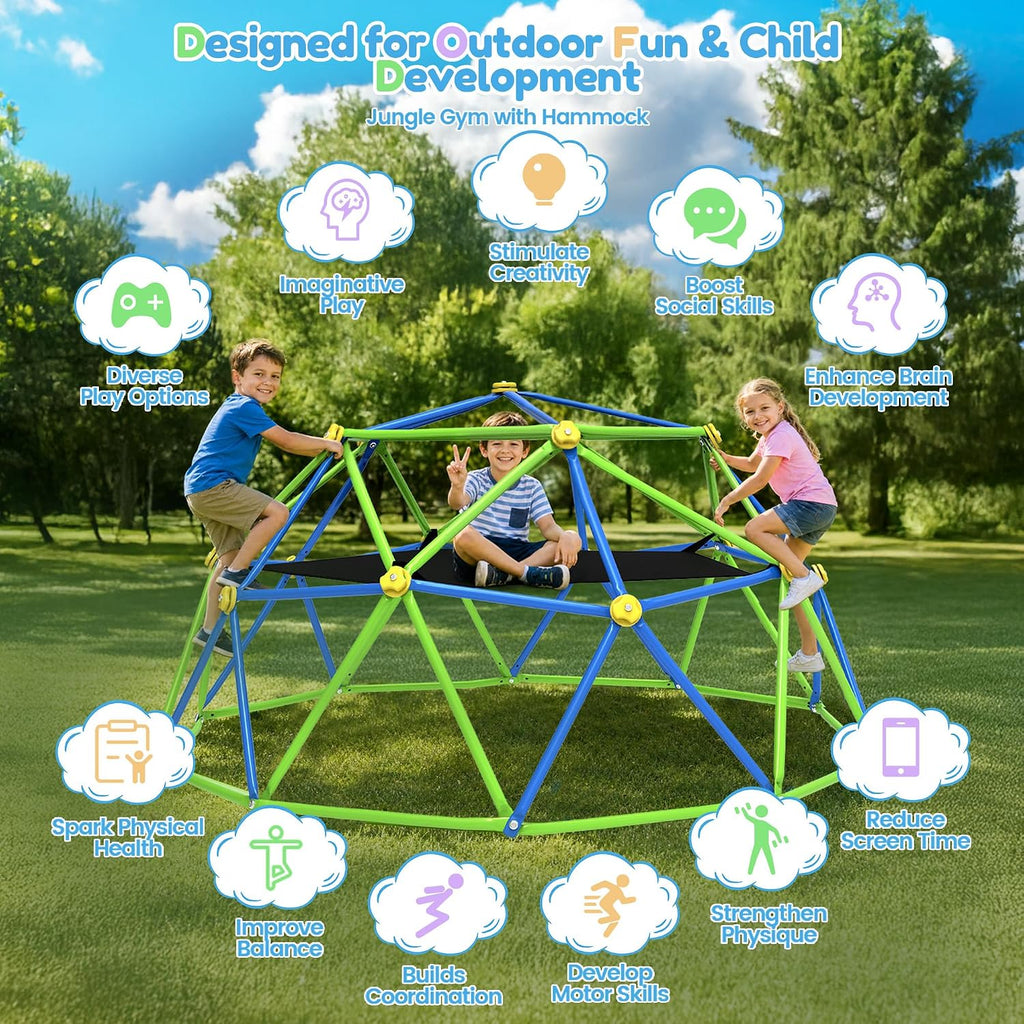 10 FT Climbing Dome with Hammock, Certified Jungle Gym for Kids 3-12