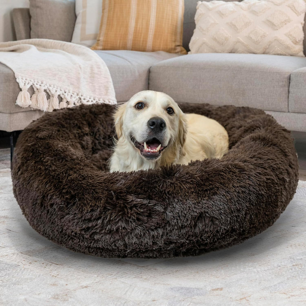 Bundle Set The Original Calming Shag Donut Cuddler Cat and Dog Bed + Pet Throw Blanket, Dark Chocolate, Large, 36x36